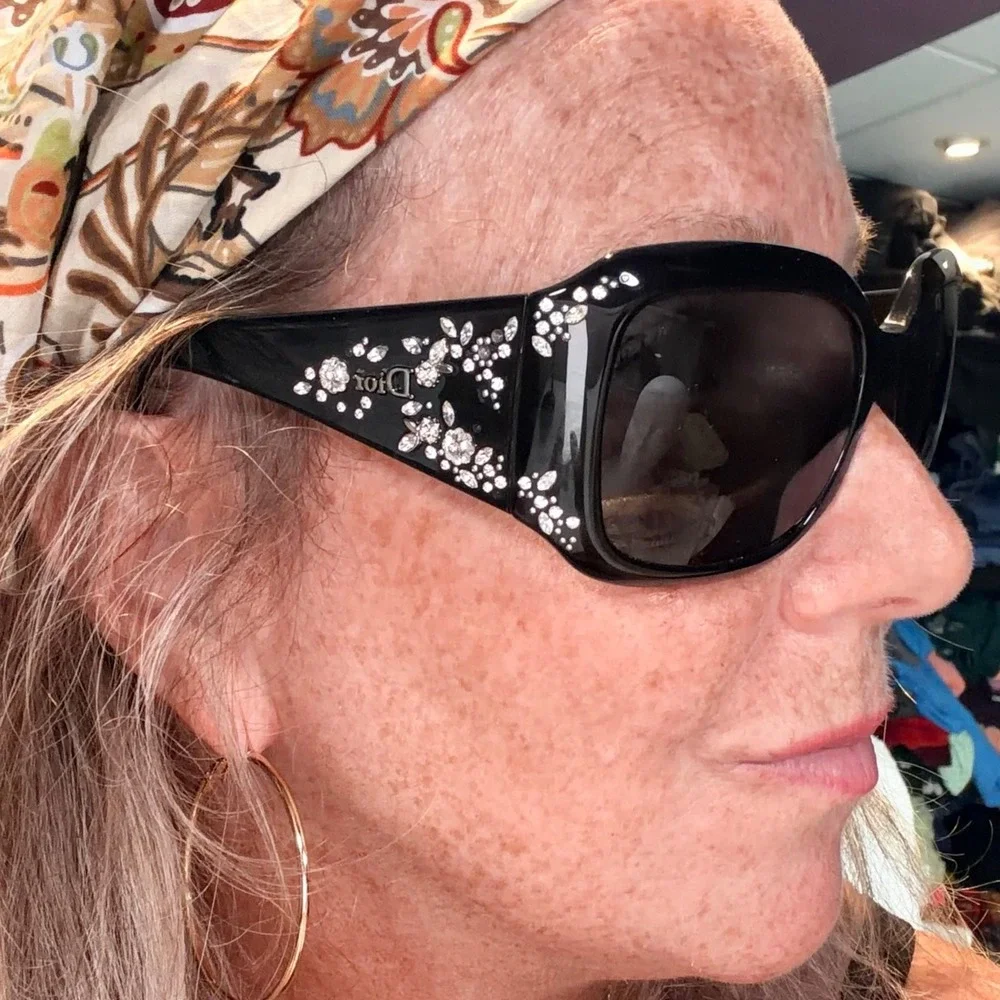 Christian Dior Sunglasses OS Black Crystal Floral Embellished Square Italy V2K